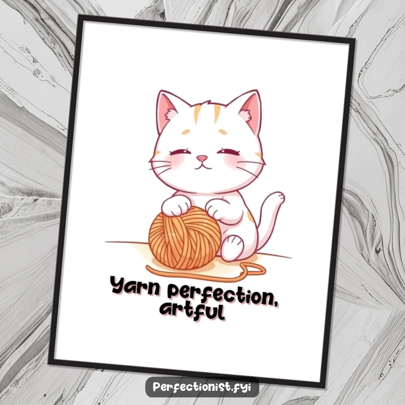 Funny cat digital art print of a contented cat character observing a perfectly placed ball of yarn, perfect for instant decor.