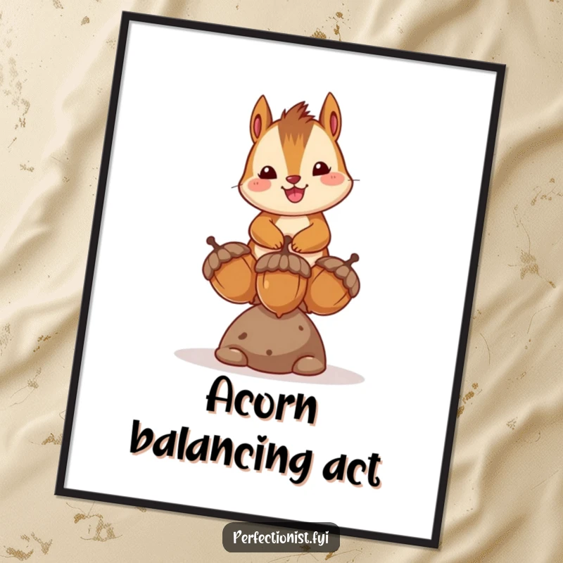 Funny digital art print of a happy chipmunk character balancing three acorns, capturing a humorous moment of skill and joy.