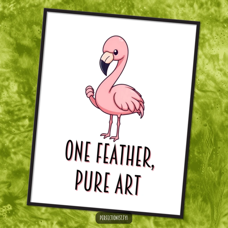 Funny flamingo digital art print of a blushing flamingo character adjusting a feather, perfect for instant decor.