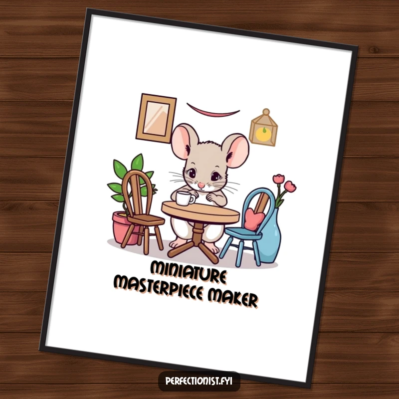 Funny mouse digital art print of a focused mouse character adjusting a miniature table setting, adding a touch of humorous precision to any space.