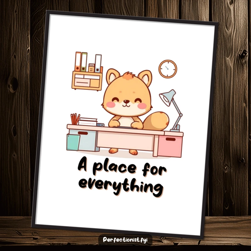 Funny Digital Art Print of an animal character beaming with pride at a meticulously organized desk, embodying workplace success.