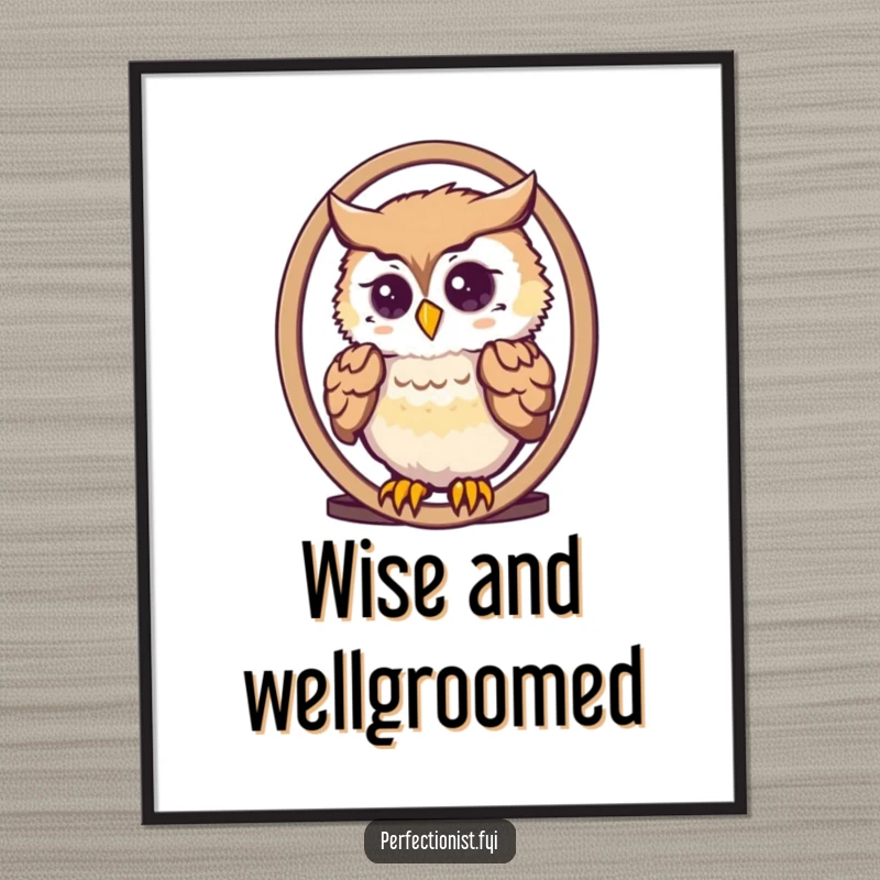 Funny cute owl meticulously arranging its feathers in a mirror, stylish digital art print, perfect for home decor.