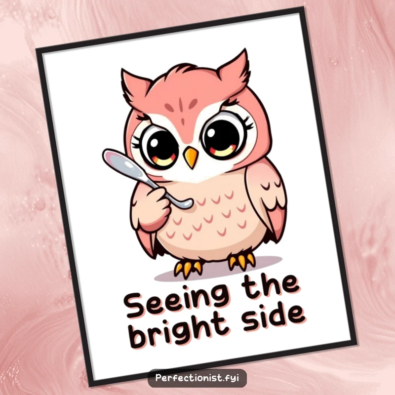 Funny digital art print of a focused owl character, flawlessly polishing a gleaming spoon, ideal for instant humorous home decor.