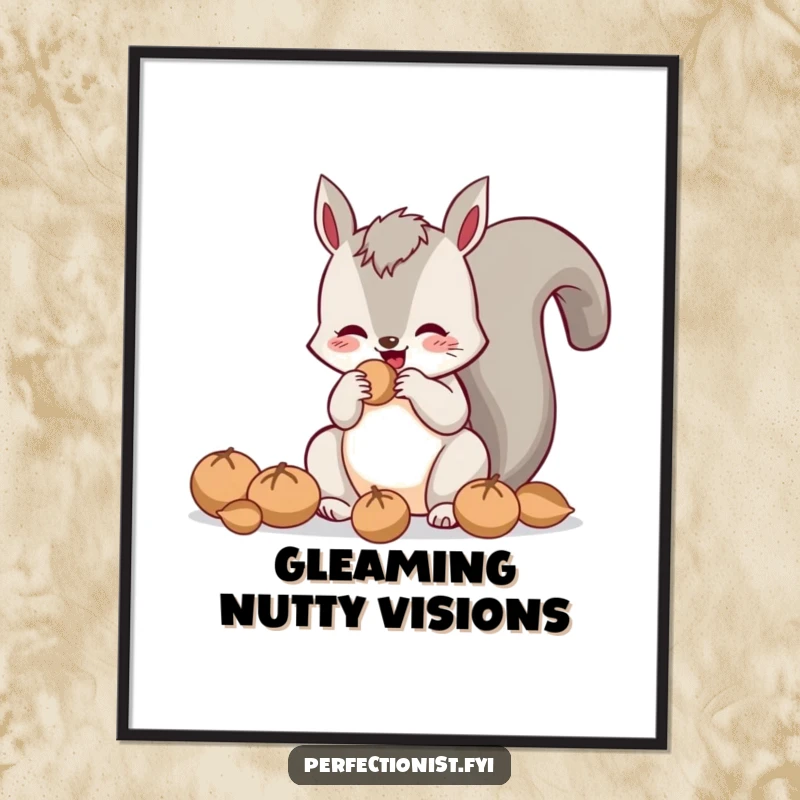Funny digital art print of a cheerful squirrel polishing nuts to a brilliant shine, a humorous and high-quality wall decoration.