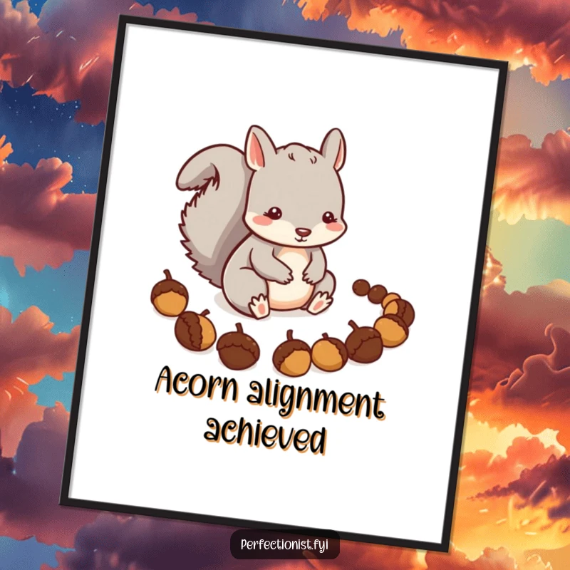Funny Squirrel Digital Art: A careful squirrel character is precisely arranging a line of acorns, symbolizing organized thought and a touch of digital charm.