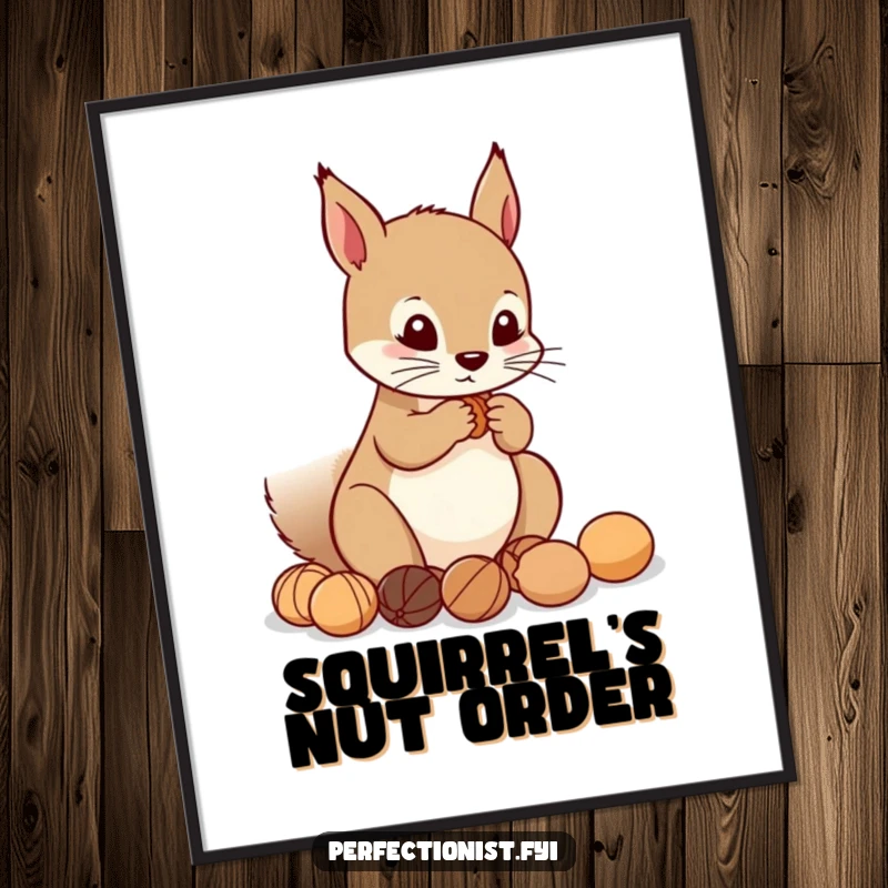 Funny Digital Art Print: Precise squirrel character arranging nuts in a perfect line, a humorous and orderly piece for any wall.