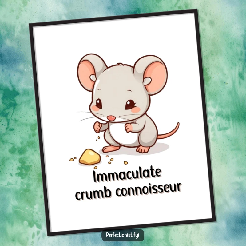 Funny digital art print of a mouse character wiping dust from a crumb, capturing a humorous moment of extreme tidiness.