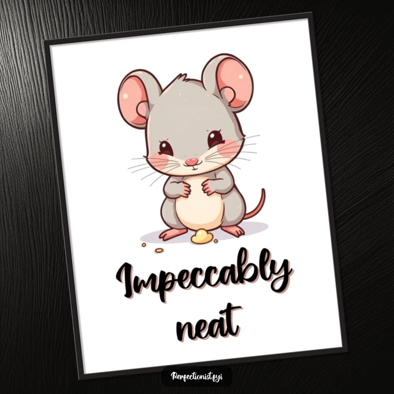 Funny Kawaii mouse character digitally illustrated, obsessively dusting a minuscule speck of dirt, offering humorous and clean wall decor.