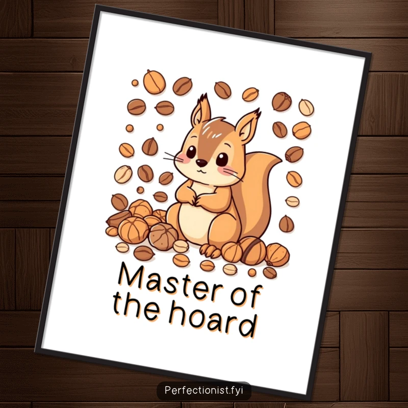 Funny digital art print of a squirrel character organizing nuts by size and color, capturing a humorous moment of extreme tidiness.