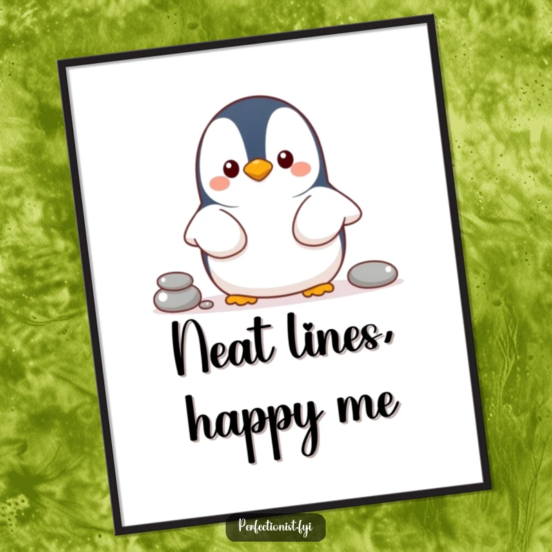Funny penguin digital art print of a cheerful penguin character organizing pebbles in a line, perfect for instant decor.