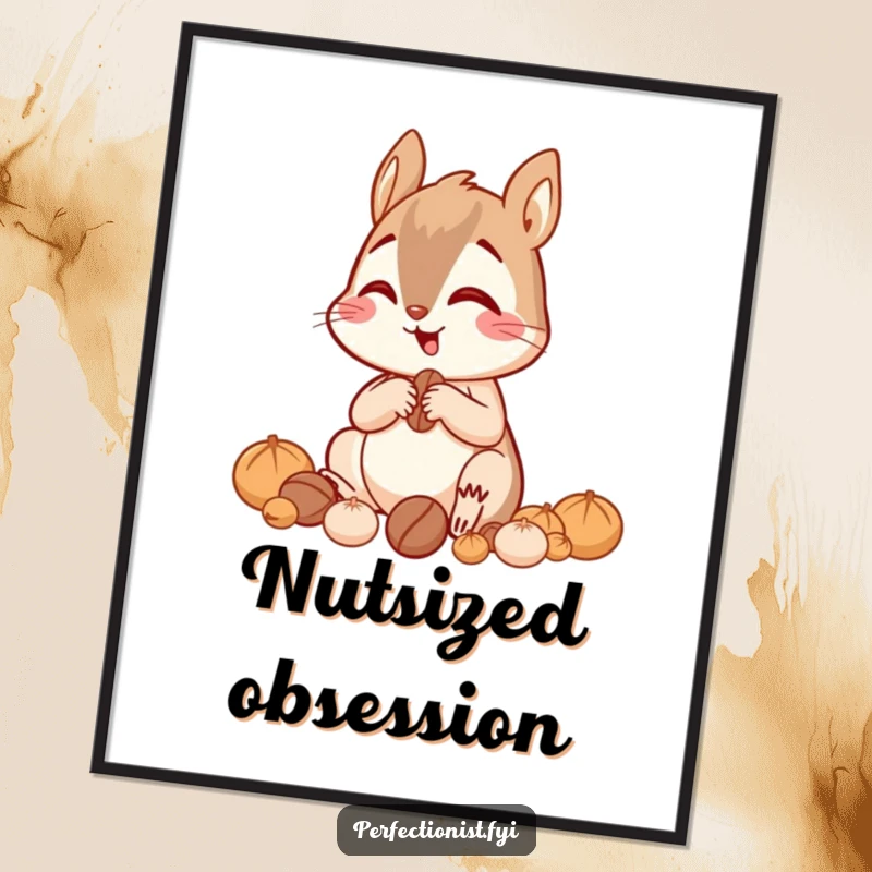 Funny giggling squirrel sorting nuts by size with great focus, motivational digital art print, perfect for home decor.