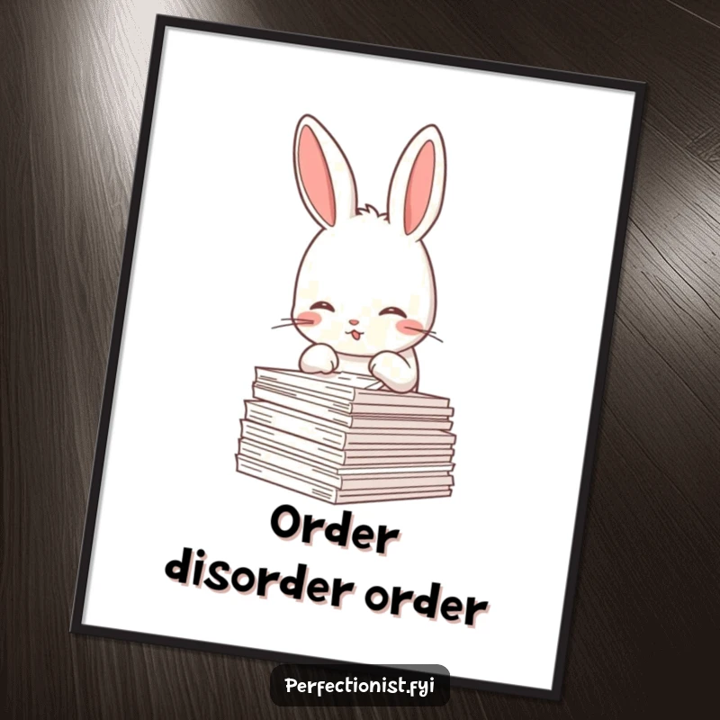 Funny Rabbit Digital Art: A meticulous rabbit character is straightening a stack of papers, symbolizing organized thought and a touch of digital humor.