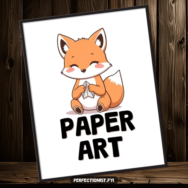 Funny Kawaii fox digital art print, a high-resolution image of a fox meticulously folding paper into origami.