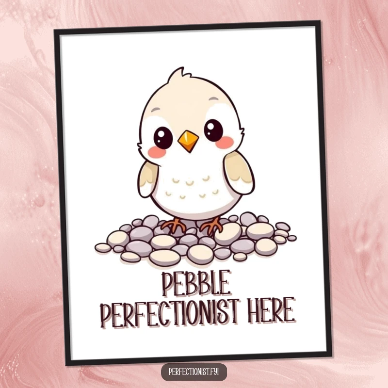 Funny digital art print of a bird character meticulously aligning tiny pebbles, capturing a humorous moment of extreme orderliness.