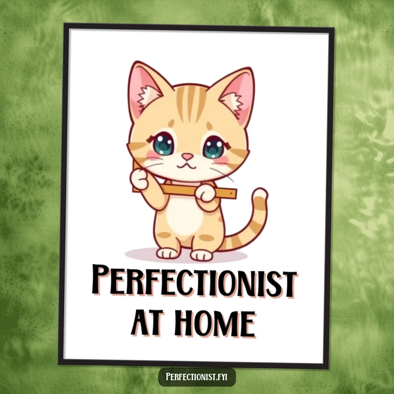 Funny Cat Digital Art Print of a cat character meticulously straightening a wobbly picture frame, perfect for instant decor.