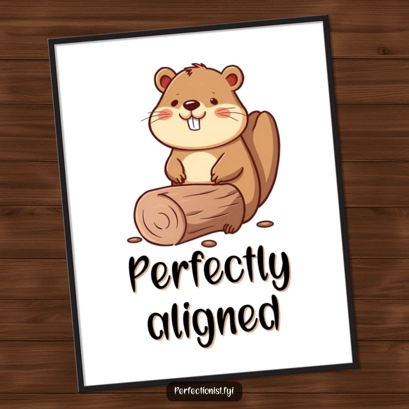 Funny digital art print of a beaver meticulously smoothing a perfectly straight log, symbolizing hard work and precision.