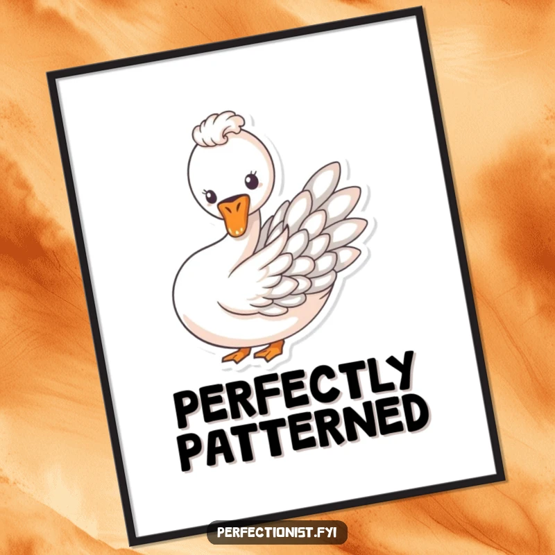 Funny digital art print of a swan carefully arranging its feathers into a perfect pattern, symbolizing grace.