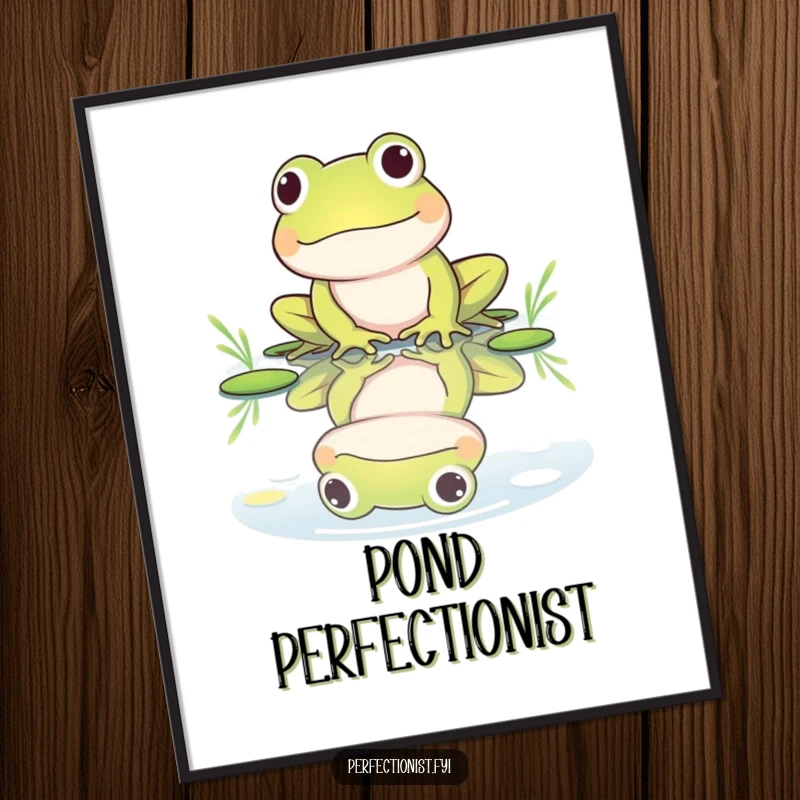 Funny digital art print of a frog character polishing its reflection in a pond, capturing a humorous moment of extreme vanity.