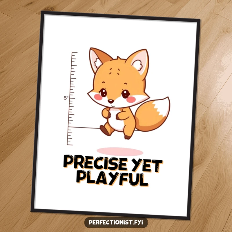 Funny digital art print of a careful fox character meticulously measuring the perfect distance to jump, capturing its strategic nature with humor.