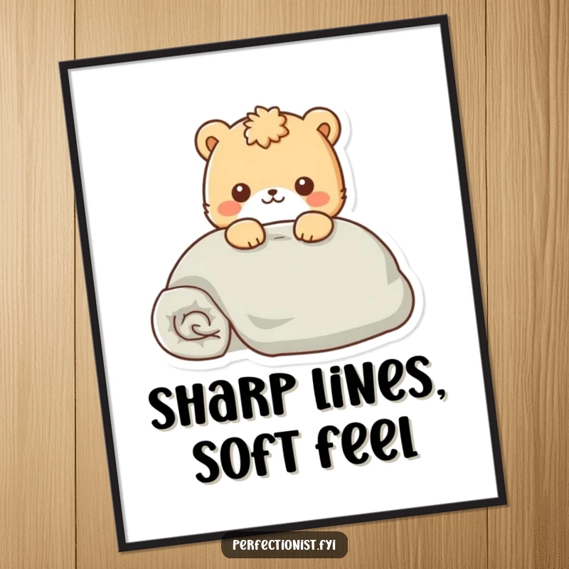 Funny Digital Art Print of an animal character meticulously smoothing a perfectly folded blanket, embodying the humor of neatness.