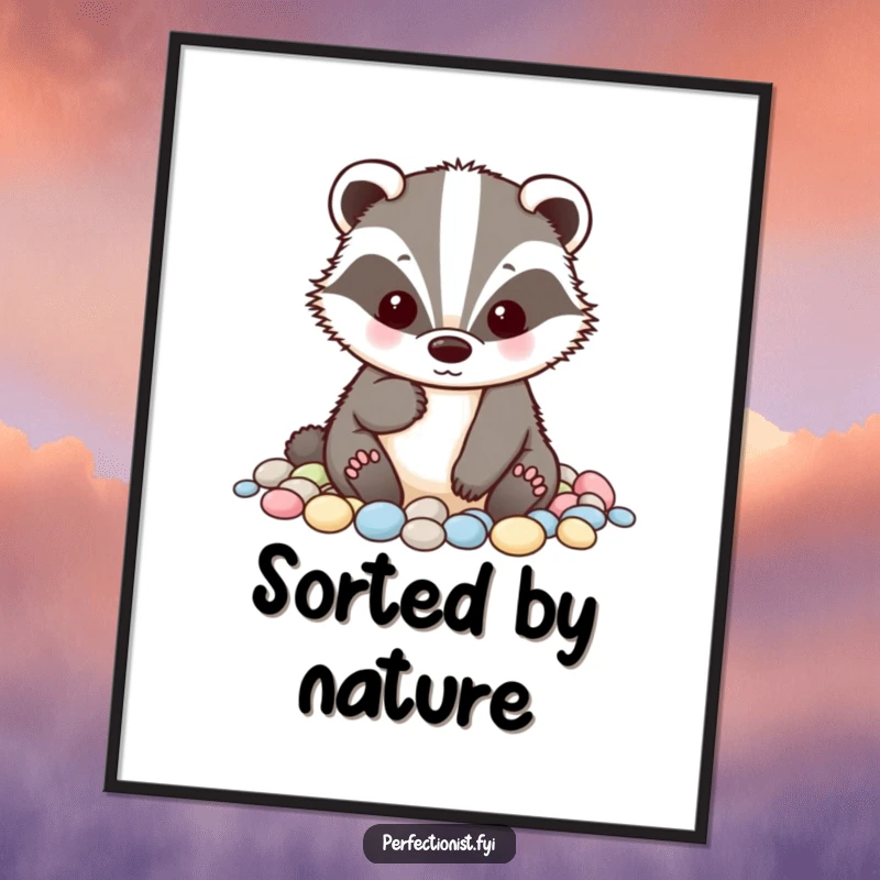 Funny badger digital art print of a tidy badger character meticulously alphabetizing small pebbles, adding a touch of humorous order to any space.