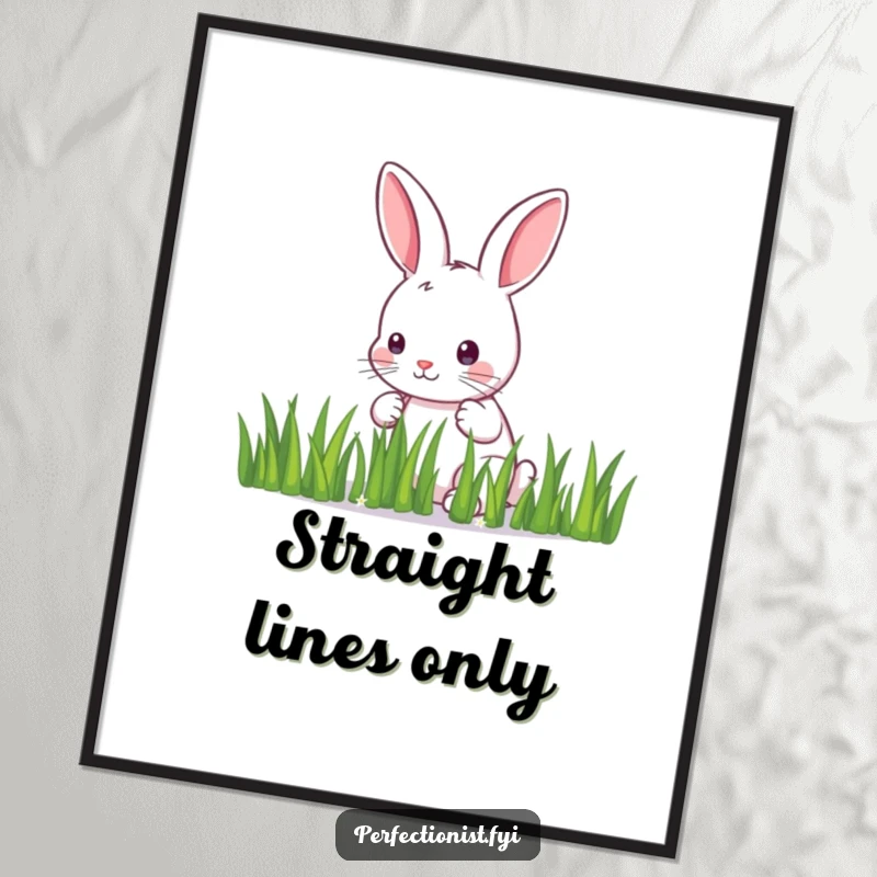 Funny Digital Art Print: A meticulous bunny carefully arranges individual blades of grass in a straight line, a humorous piece for digital display.