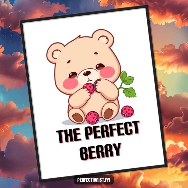 Funny Digital Art Print: Focused bear character polishing a single berry to a shine, a humorous and detailed piece for any wall.