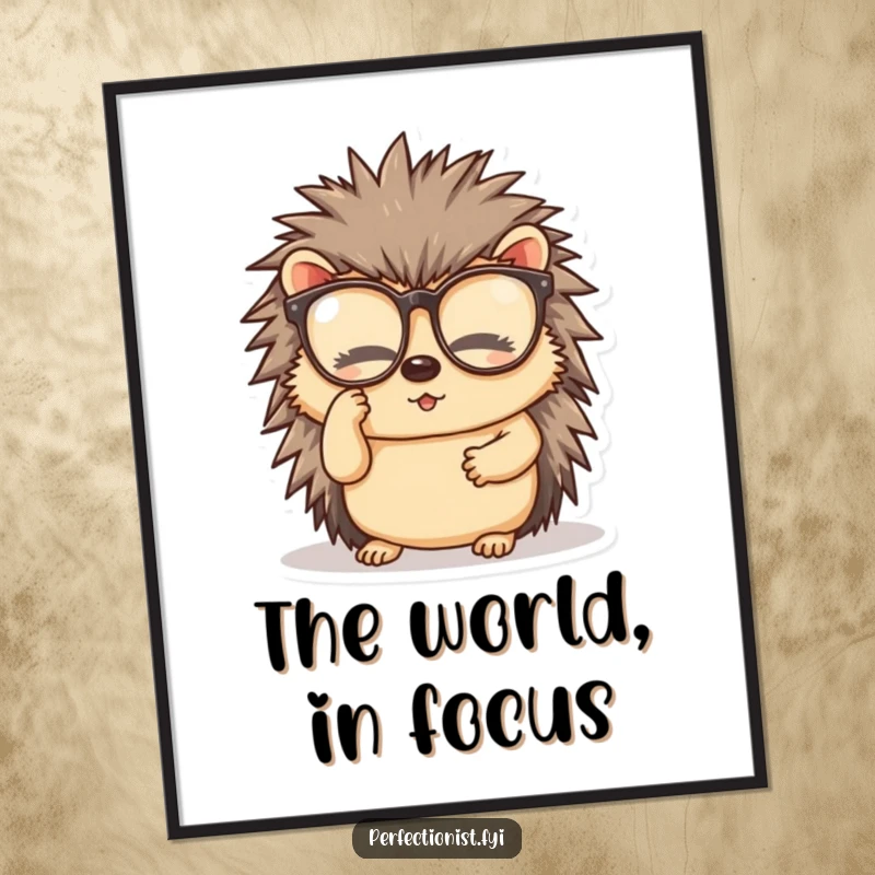 Funny digital art print of a diligent hedgehog character, flawlessly cleaning spectacles, ideal for instant humorous home decor.