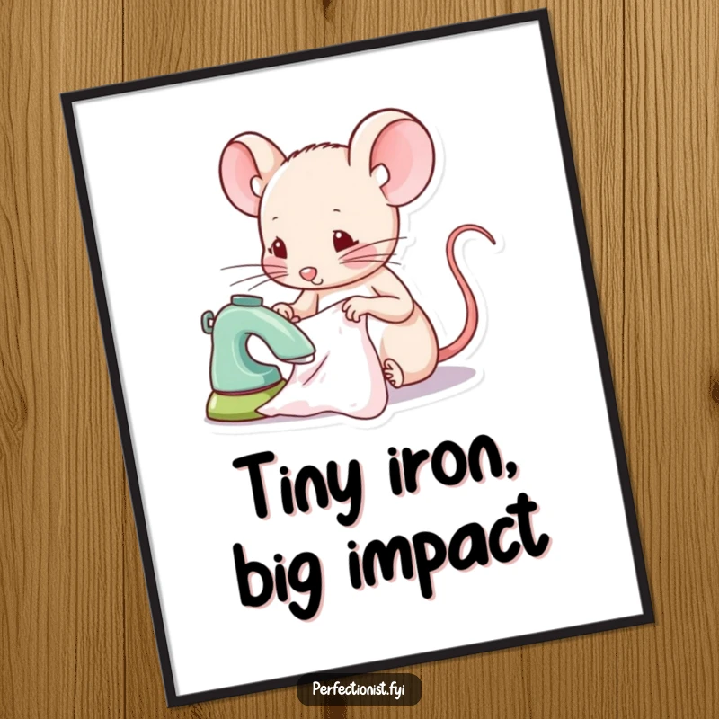 Funny mouse digital art print of a focused mouse character ironing a tiny piece of fabric, perfect for instant decor.