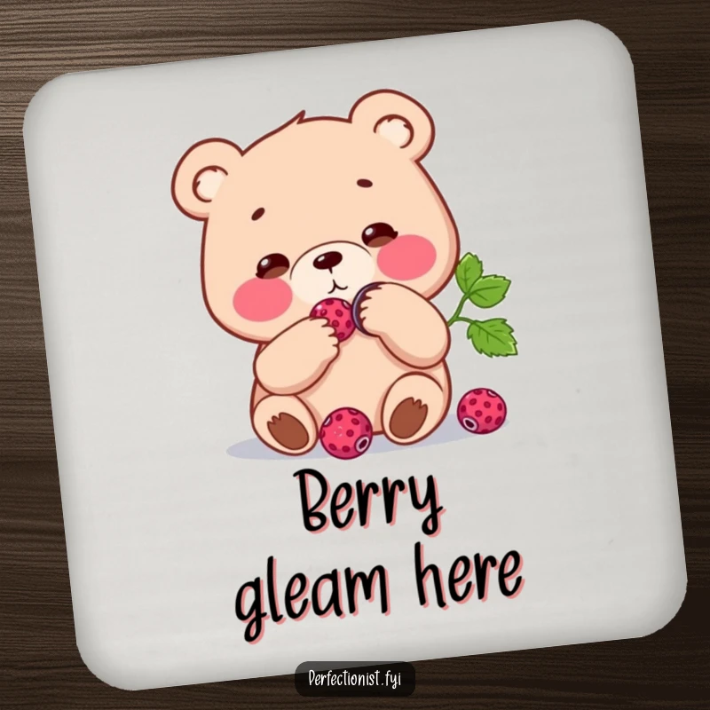 Funny Coaster: Focused bear character polishing a single berry to a shine, protecting surfaces with a meticulous and humorous design.