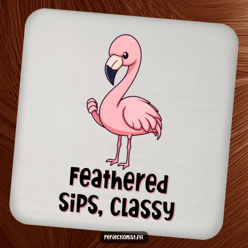 Funny flamingo coasters showing a blushing flamingo character adjusting a feather, protecting surfaces with humor.