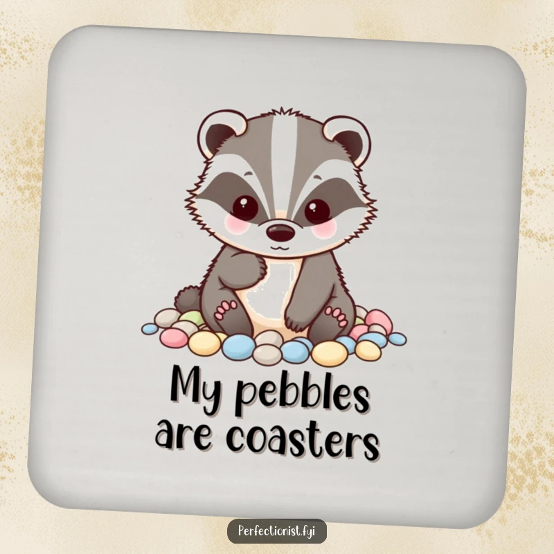 Funny badger coasters featuring a character meticulously alphabetizing small pebbles, protecting furniture with humorous attention to detail and orderly charm.