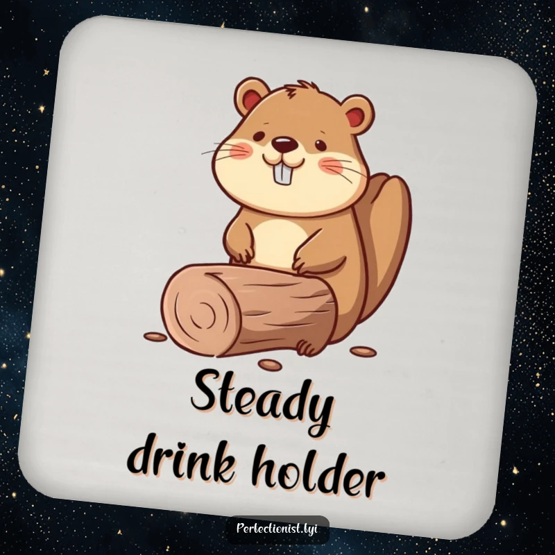 Funny drink coasters featuring a beaver smoothing a perfectly straight log, adding durable charm to any table.