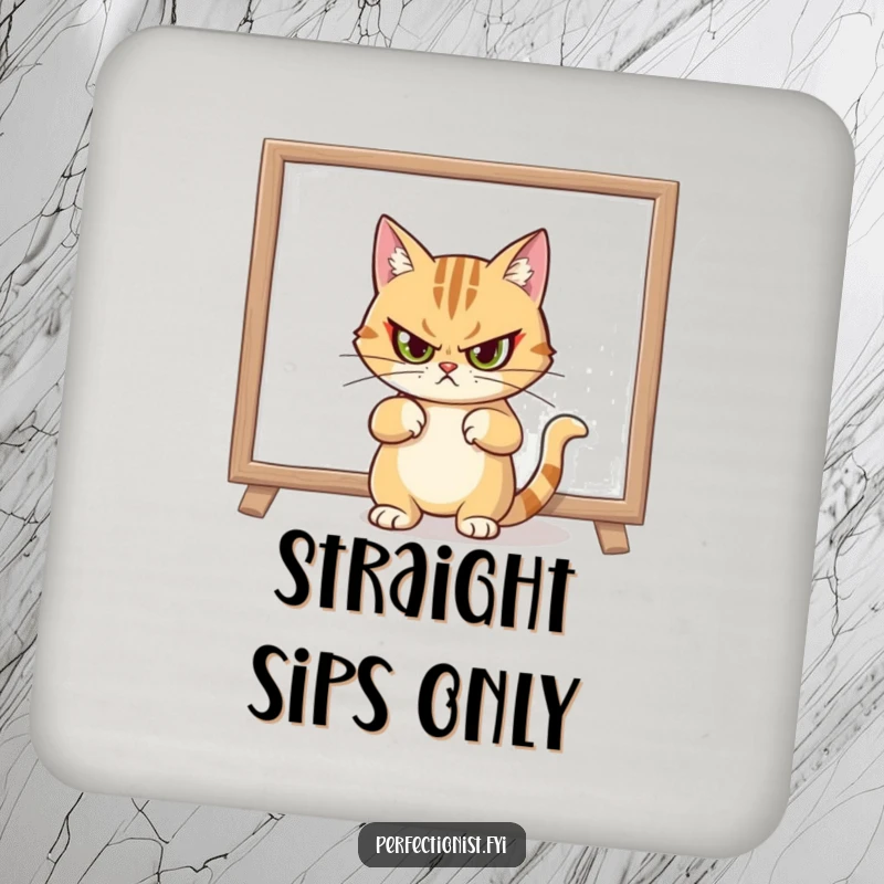 Funny drink coasters featuring a cat giving a stern look after straightening a crooked painting, adding stylish charm.