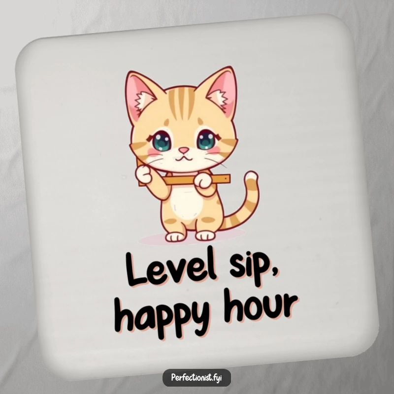 Funny Cat Coasters set depicting a cat character meticulously straightening a wobbly picture frame, protecting surfaces with neat humor.