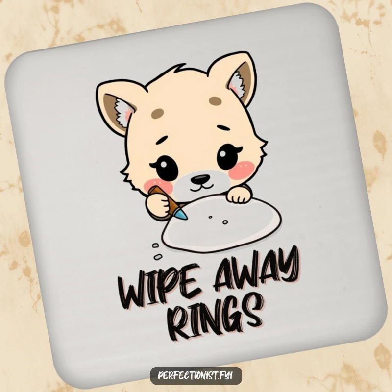 Funny drink coasters with a cute animal character meticulously cleaning a tiny speck of dust, perfect for detail lovers.