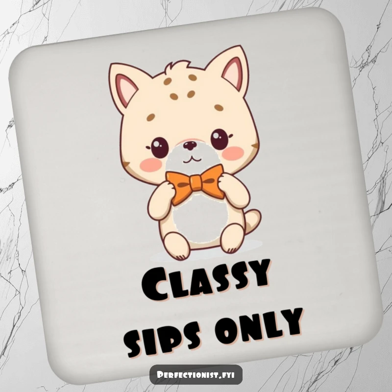 Funny Drink Coaster showing an animal character adjusting its perfectly symmetrical bowtie, symbolizing sharp style.