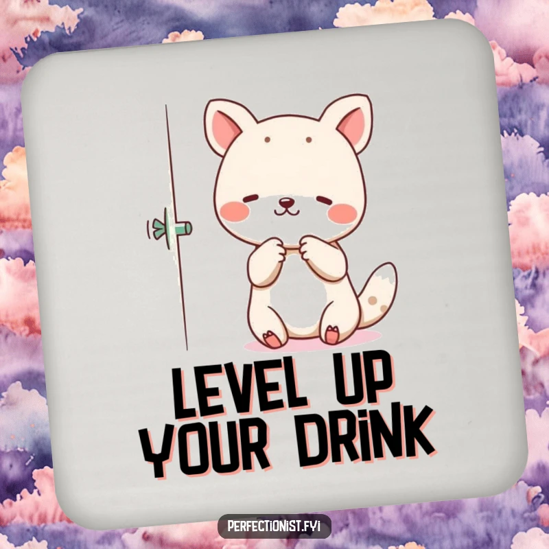 Funny Drink Coaster showing an animal character straightening a crooked glass or coaster for perfect symmetry.