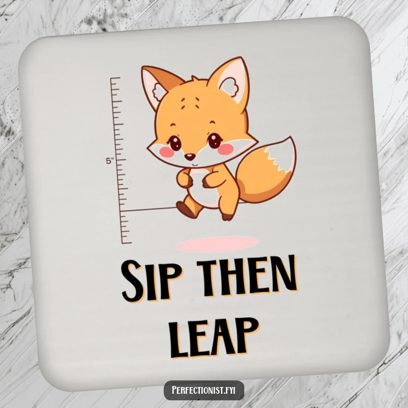 Funny drink coaster with a careful fox character measuring the perfect distance to jump, protecting surfaces with strategic wit and charm.