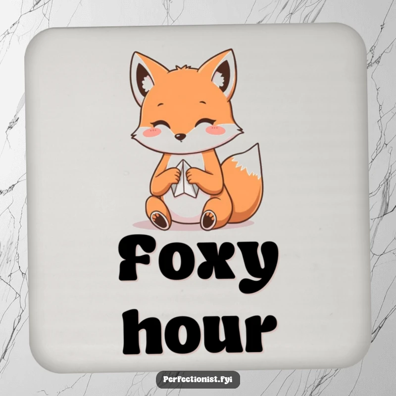 Funny Kawaii fox drink coasters, featuring a fox carefully folding paper, adding an artistic touch.
