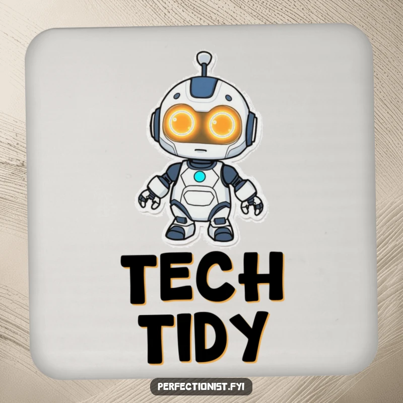 Funny Kawaii robot drink coasters, featuring a robot with glowing eyes cleaning, adding a futuristic touch.