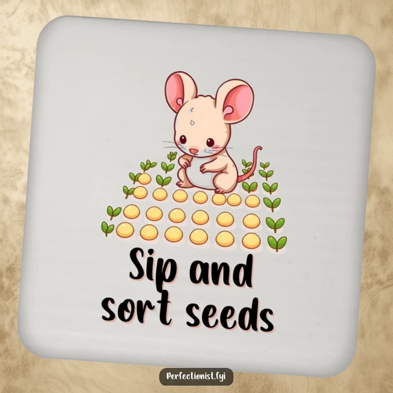 Funny mouse character meticulously arranging tiny seeds in neat rows on drink coasters, adding humorous, tidy protection to surfaces, a funny gift.
