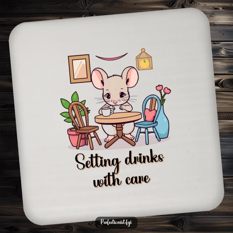 Funny mouse coasters featuring a character meticulously adjusting a miniature table setting, protecting furniture with humorous attention to detail and tiny charm.