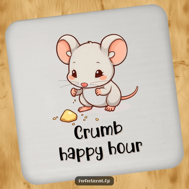 Funny drink coaster with a mouse character meticulously wiping dust from a crumb, adding a humorous touch of extreme tidiness and charm.