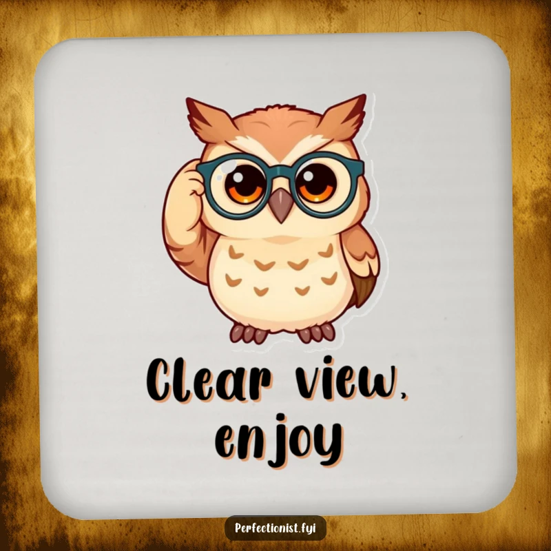 Funny owl coaster featuring a curious owl adjusting its spectacles, providing smart and humorous protection for any drink.