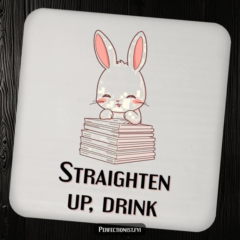 Funny Rabbit Coaster: A meticulous rabbit character is straightening a stack of papers, a humorous guardian of tabletops and drink surfaces.