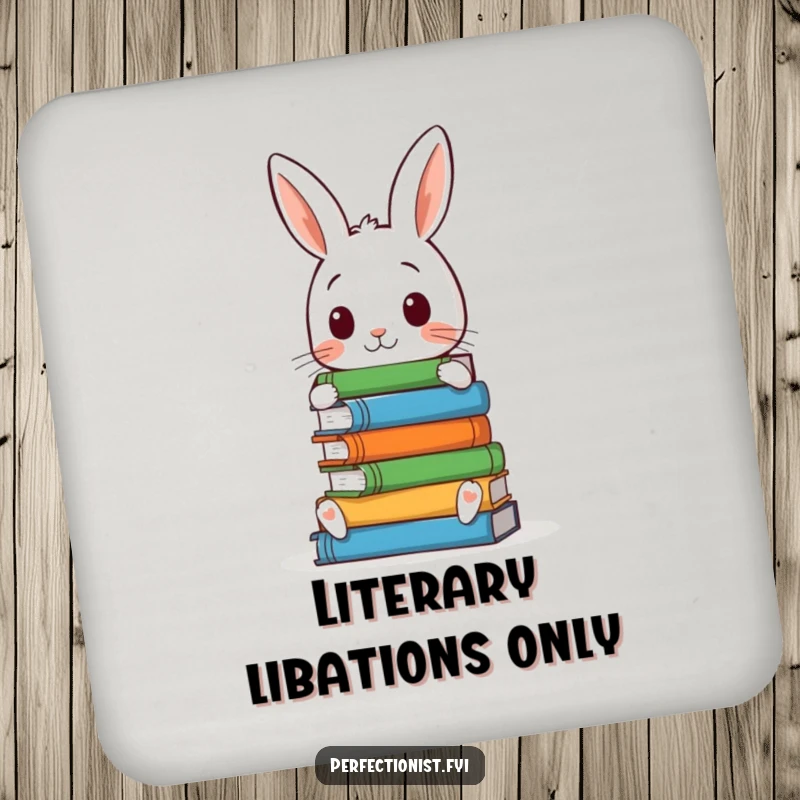 Funny drink coaster featuring a meticulous rabbit character, perfectly arranging books, protecting surfaces with humorous charm.
