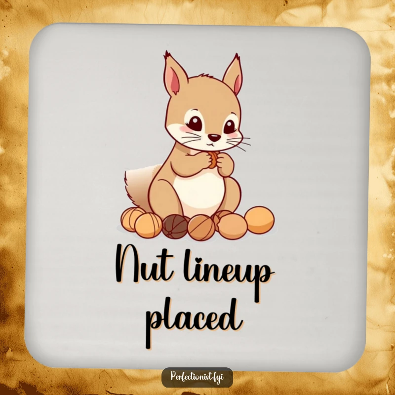 Funny Coaster: Precise squirrel character arranging nuts in a perfect line, protecting surfaces with an orderly and humorous design.