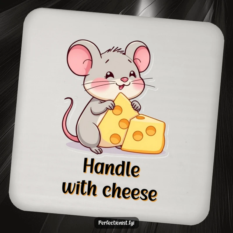 Funny drink coaster with a content mouse character admiring a perfect cheese triangle, protecting surfaces with cheesy charm and humor.