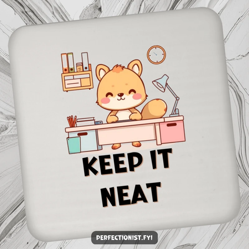 Funny Drink Coaster showing an animal character proudly surveying a perfectly organized desk, with a drink nearby.